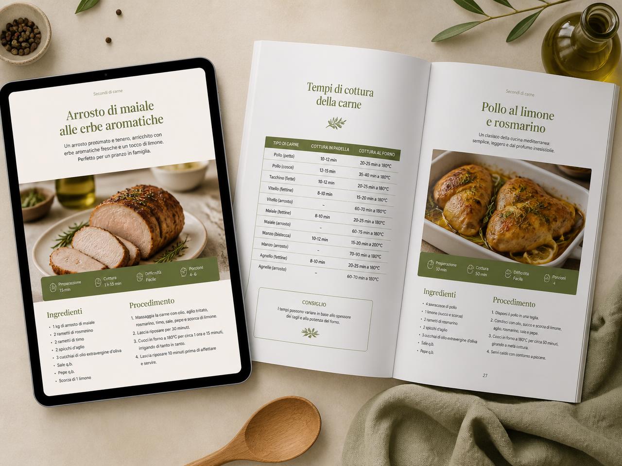 Anteprima delle pagine interne della guida con ricette e tabelle